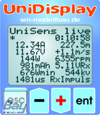 UniDisplay+ - Anzeigedisplay für unseren UniLog 1+2, UniSens-E, GPS-Logger 1+2, LiPoWatch und InfoSwitch. Alle Messwerte können live angezeigt und Parameter direkt eingestellt werden.