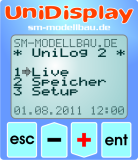 UniDisplay+ - Anzeigedisplay für unseren UniLog 1+2, UniSens-E, GPS-Logger 1+2, LiPoWatch und InfoSwitch. Alle Messwerte können live angezeigt und Parameter direkt eingestellt werden.