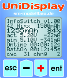 UniDisplay+ - Anzeigedisplay für unseren UniLog 1+2, UniSens-E, GPS-Logger 1+2, LiPoWatch und InfoSwitch. Alle Messwerte können live angezeigt und Parameter direkt eingestellt werden.